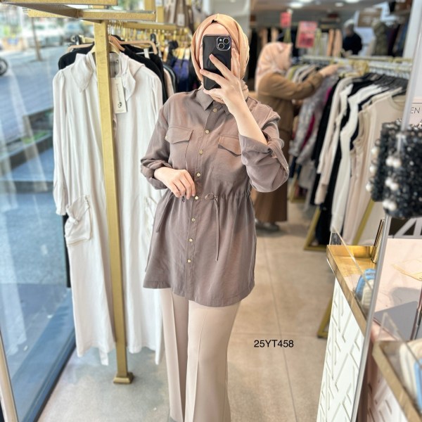 ARMİNE TREND Beli Lastikli Düğmeli Gömlek Yaka Tunik  25YT458 - Görsel 16