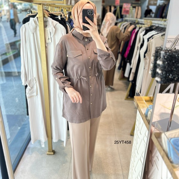 ARMİNE TREND Beli Lastikli Düğmeli Gömlek Yaka Tunik  25YT458 - Görsel 10