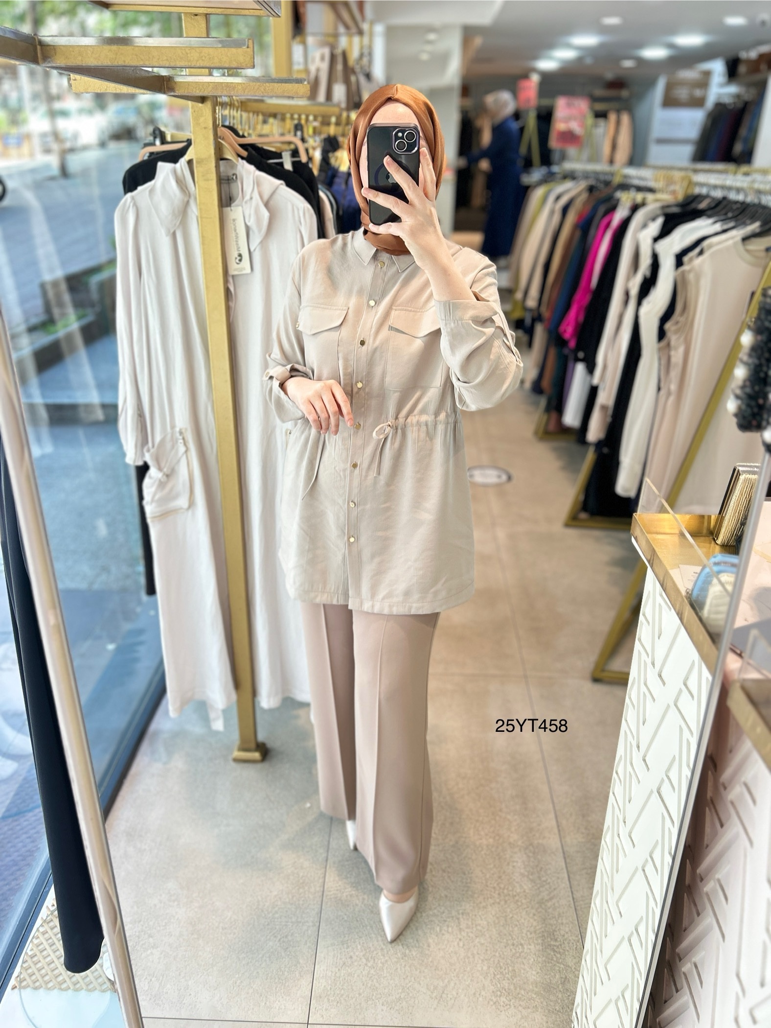 ARMİNE TREND Beli Lastikli Düğmeli Gömlek Yaka Tunik  25YT458 - Görsel 17