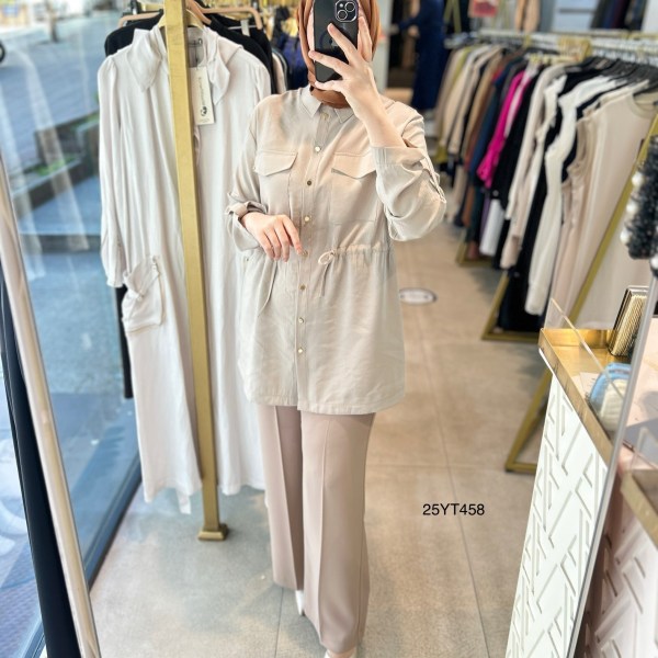 ARMİNE TREND Beli Lastikli Düğmeli Gömlek Yaka Tunik  25YT458 - Görsel 14
