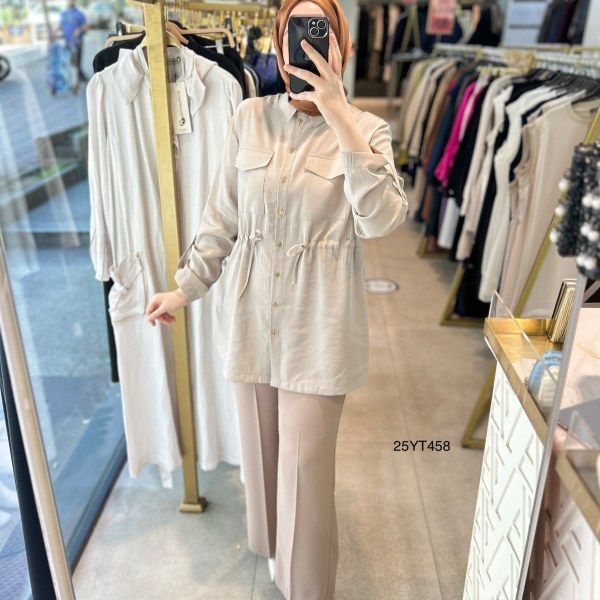 ARMİNE TREND Beli Lastikli Düğmeli Gömlek Yaka Tunik  25YT458 - Görsel 1