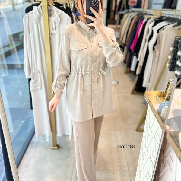 ARMİNE TREND Beli Lastikli Düğmeli Gömlek Yaka Tunik  25YT458 - Görsel 20
