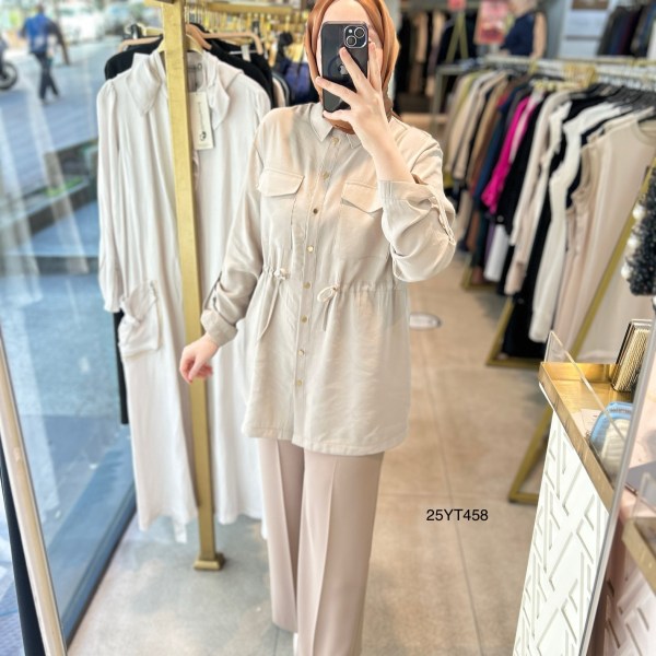 ARMİNE TREND Beli Lastikli Düğmeli Gömlek Yaka Tunik  25YT458 - Görsel 3