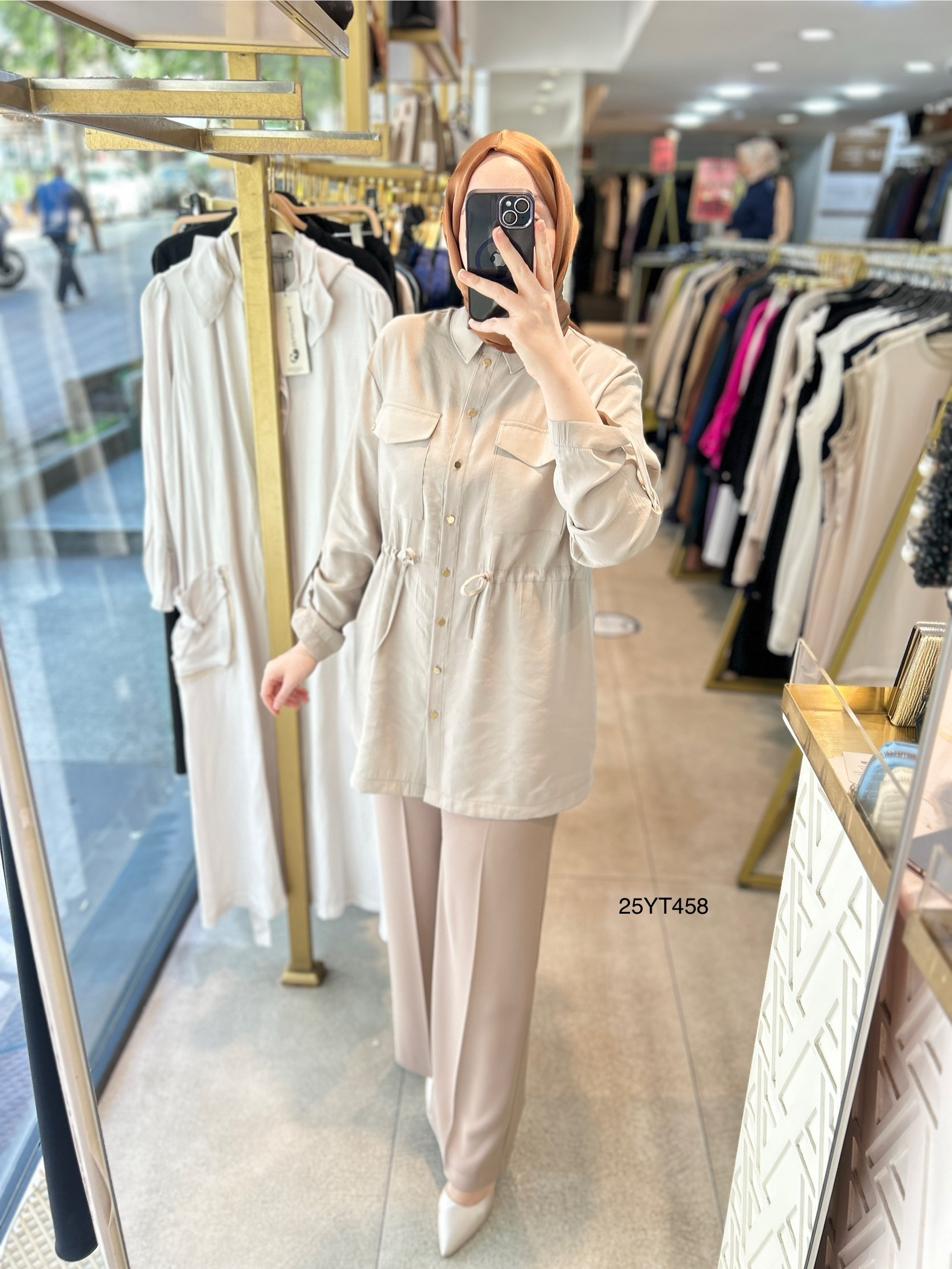 ARMİNE TREND Beli Lastikli Düğmeli Gömlek Yaka Tunik  25YT458 - Görsel 3