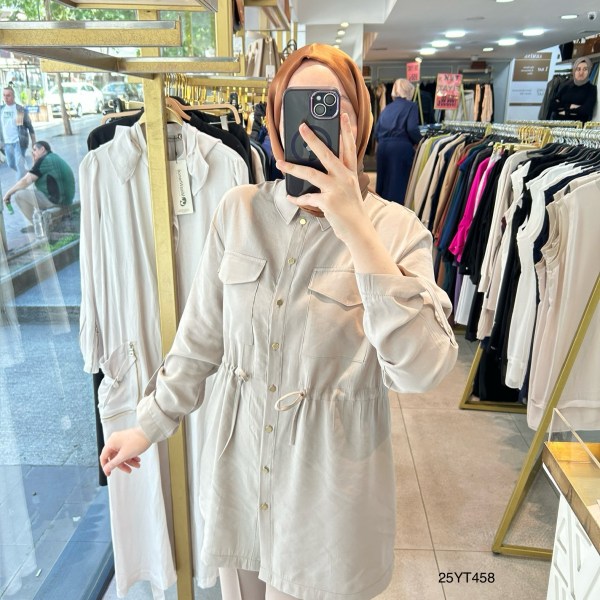 ARMİNE TREND Beli Lastikli Düğmeli Gömlek Yaka Tunik  25YT458 - Görsel 5