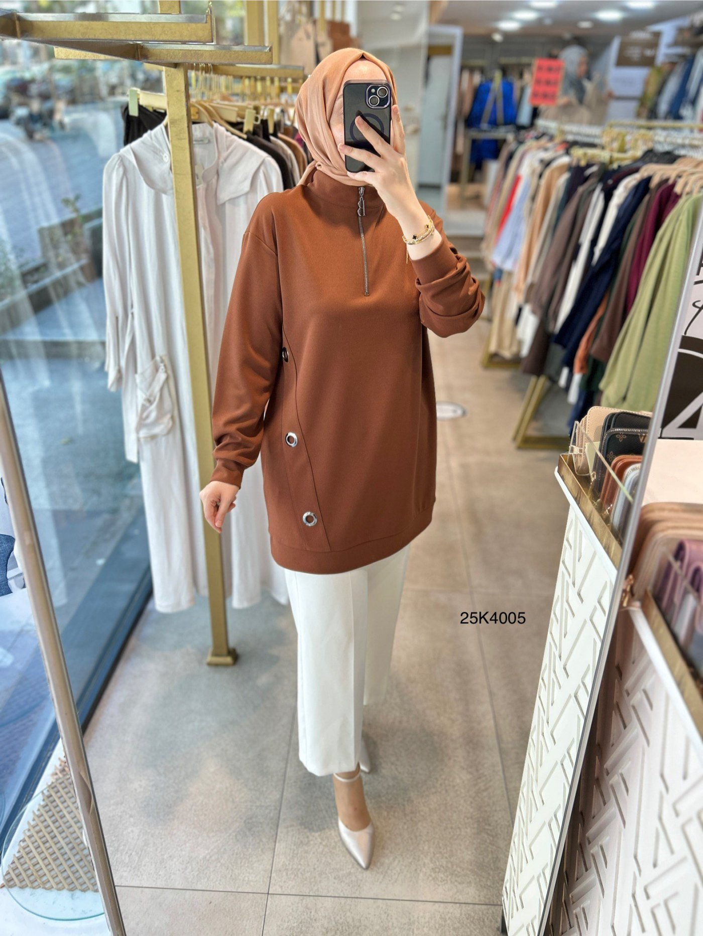 25K4005 KUŞGÖZÜ DETAYLI ÖN FERMUARLI TUNİK