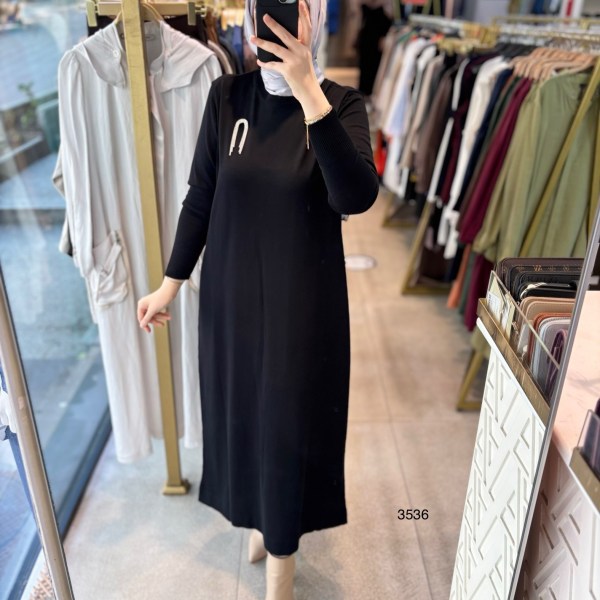 3536 BROŞ DETAYLI TRİKO ELBİSE - Görsel 2