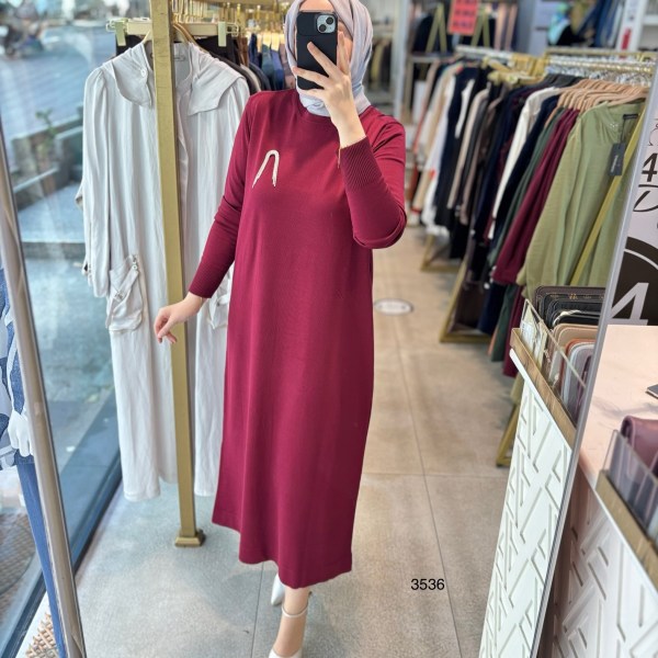 3536 BROŞ DETAYLI TRİKO ELBİSE - Görsel 5