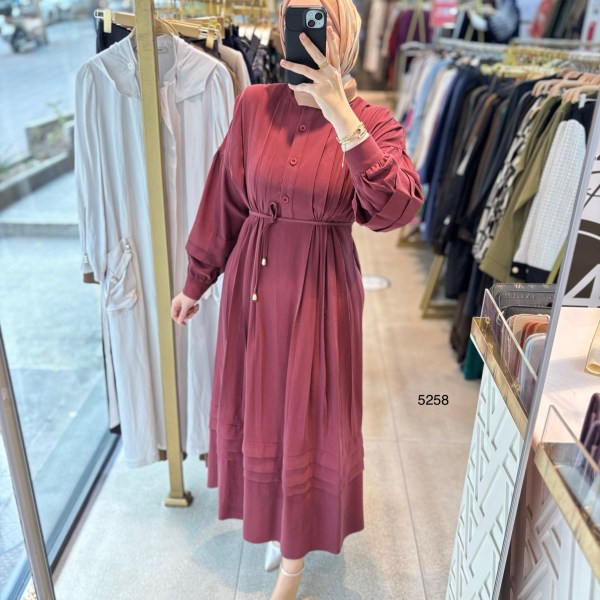 5258 PİLE DETAYLI ELBİSE - Görsel 5