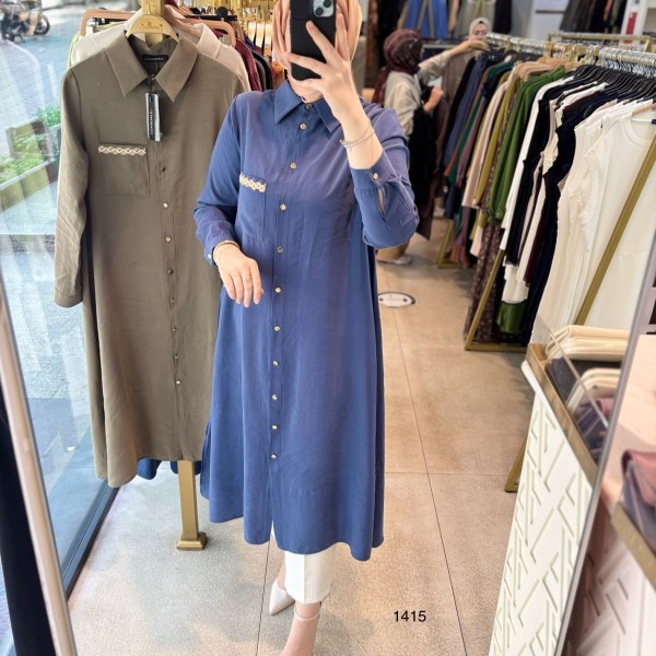 Selma Zaferoğlu 1415 Cep Detayı Hasırlı Tunik - Görsel 1