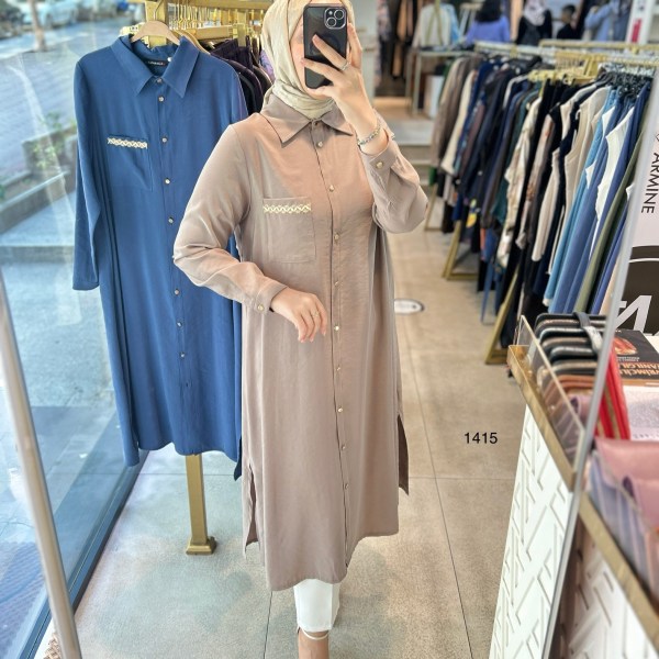 Selma Zaferoğlu 1415 Cep Detayı Hasırlı Tunik - Görsel 7