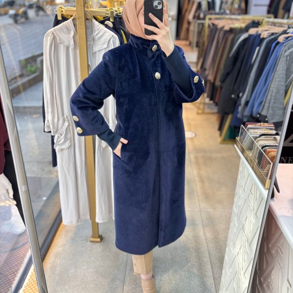 8653 Düğmeli Kaşe Kaban - Görsel 4