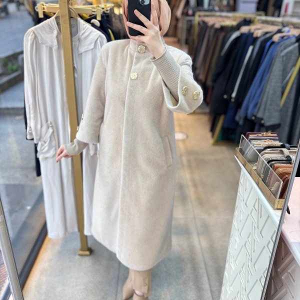 8653 Düğmeli Kaşe Kaban - Görsel 7