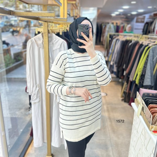 1572 Çizgili Triko Tunik - Görsel 1