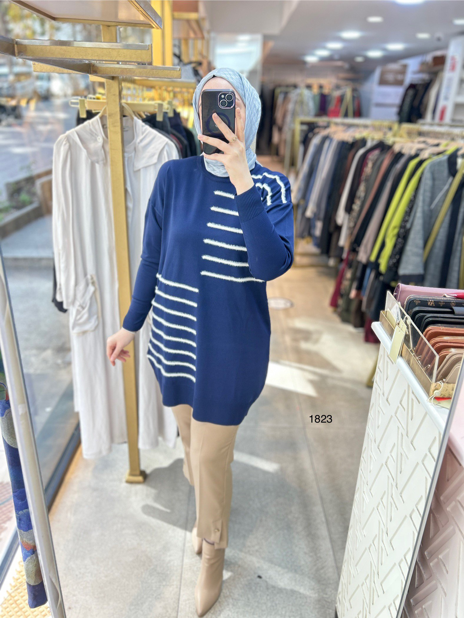 1823 DÜZ ÇİZGİ ÇAPRAZ DETAYLI TRİKO TUNİK - Görsel 3