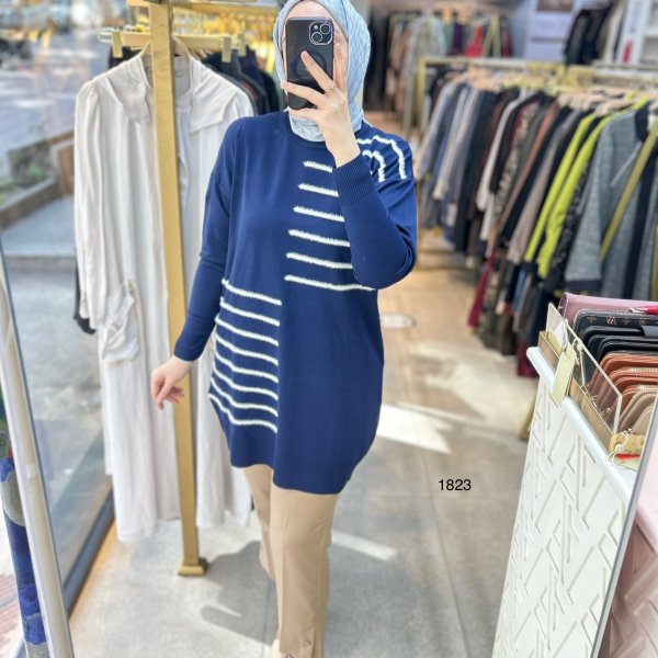 1823 DÜZ ÇİZGİ ÇAPRAZ DETAYLI TRİKO TUNİK - Görsel 12