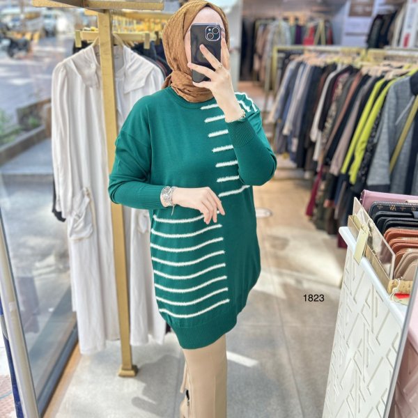 1823 DÜZ ÇİZGİ ÇAPRAZ DETAYLI TRİKO TUNİK - Görsel 8