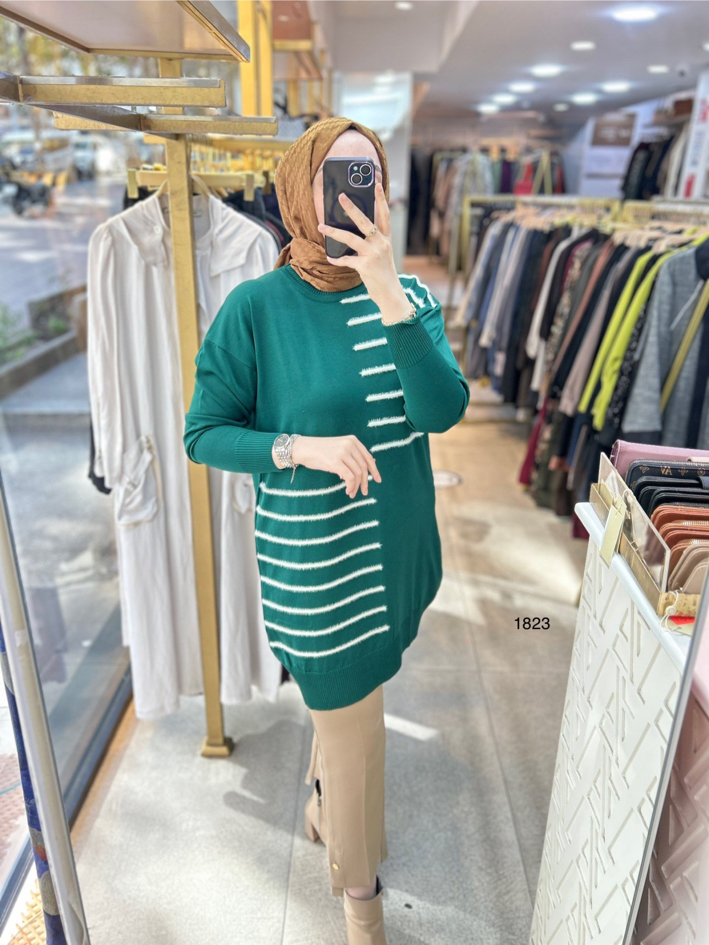 1823 DÜZ ÇİZGİ ÇAPRAZ DETAYLI TRİKO TUNİK