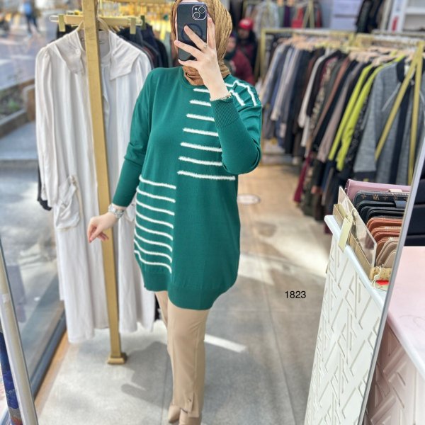 1823 DÜZ ÇİZGİ ÇAPRAZ DETAYLI TRİKO TUNİK - Görsel 7