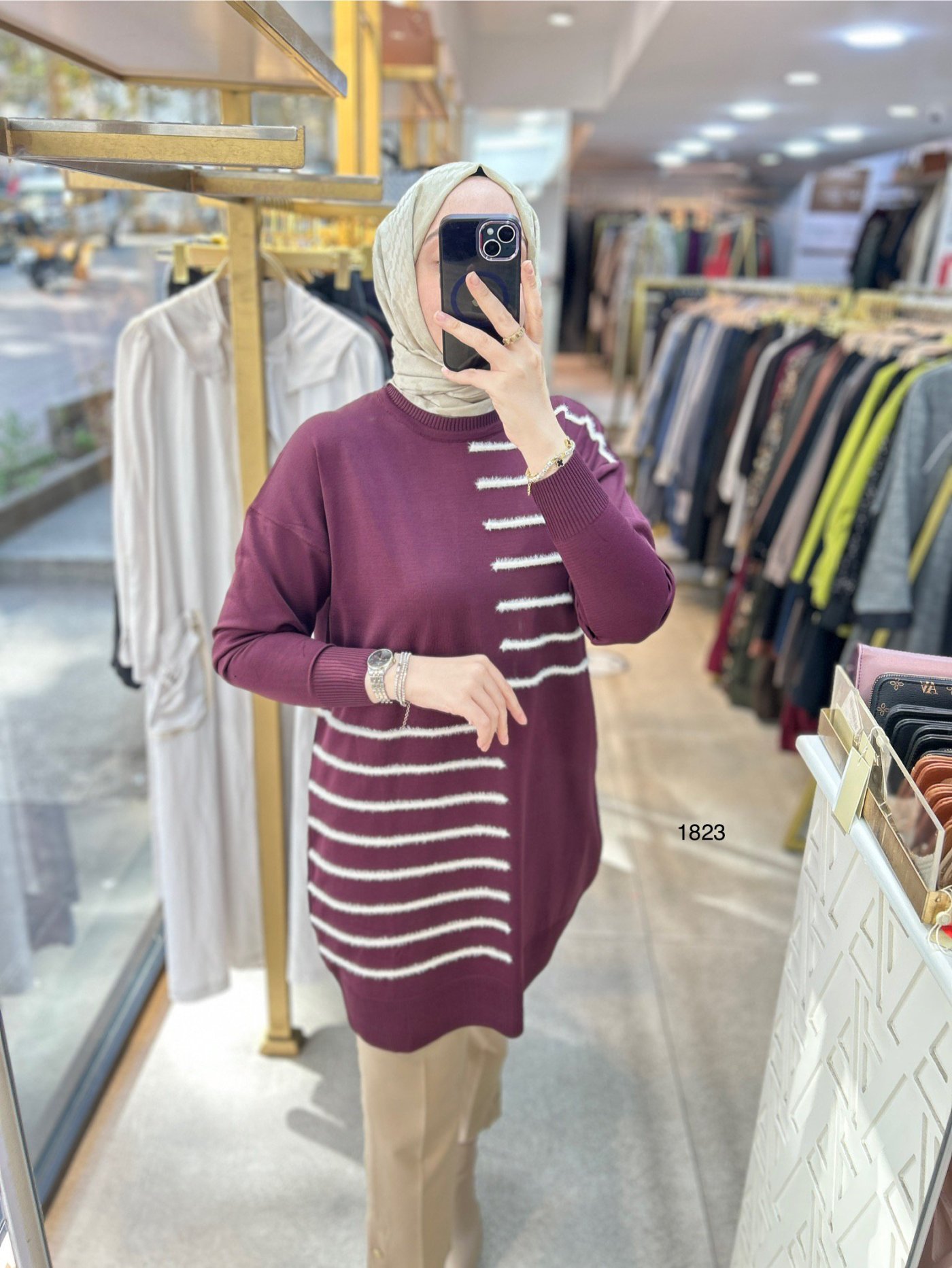 1823 DÜZ ÇİZGİ ÇAPRAZ DETAYLI TRİKO TUNİK