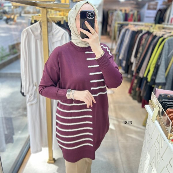 1823 DÜZ ÇİZGİ ÇAPRAZ DETAYLI TRİKO TUNİK - Görsel 1