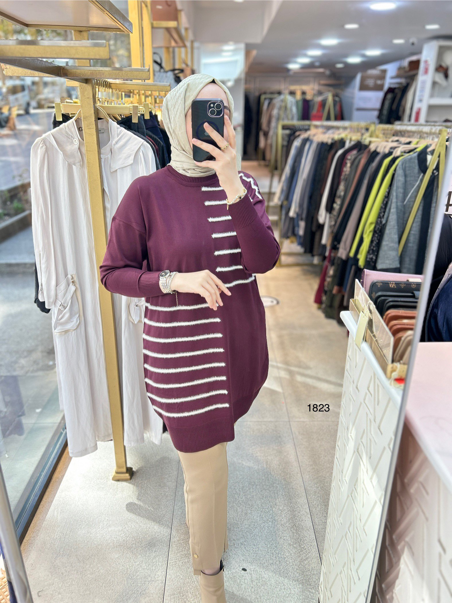 1823 DÜZ ÇİZGİ ÇAPRAZ DETAYLI TRİKO TUNİK - Görsel 2