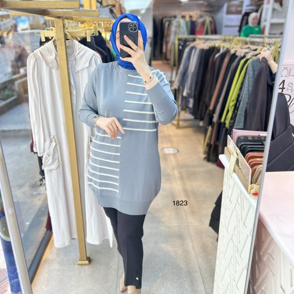 1823 DÜZ ÇİZGİ ÇAPRAZ DETAYLI TRİKO TUNİK - Görsel 11