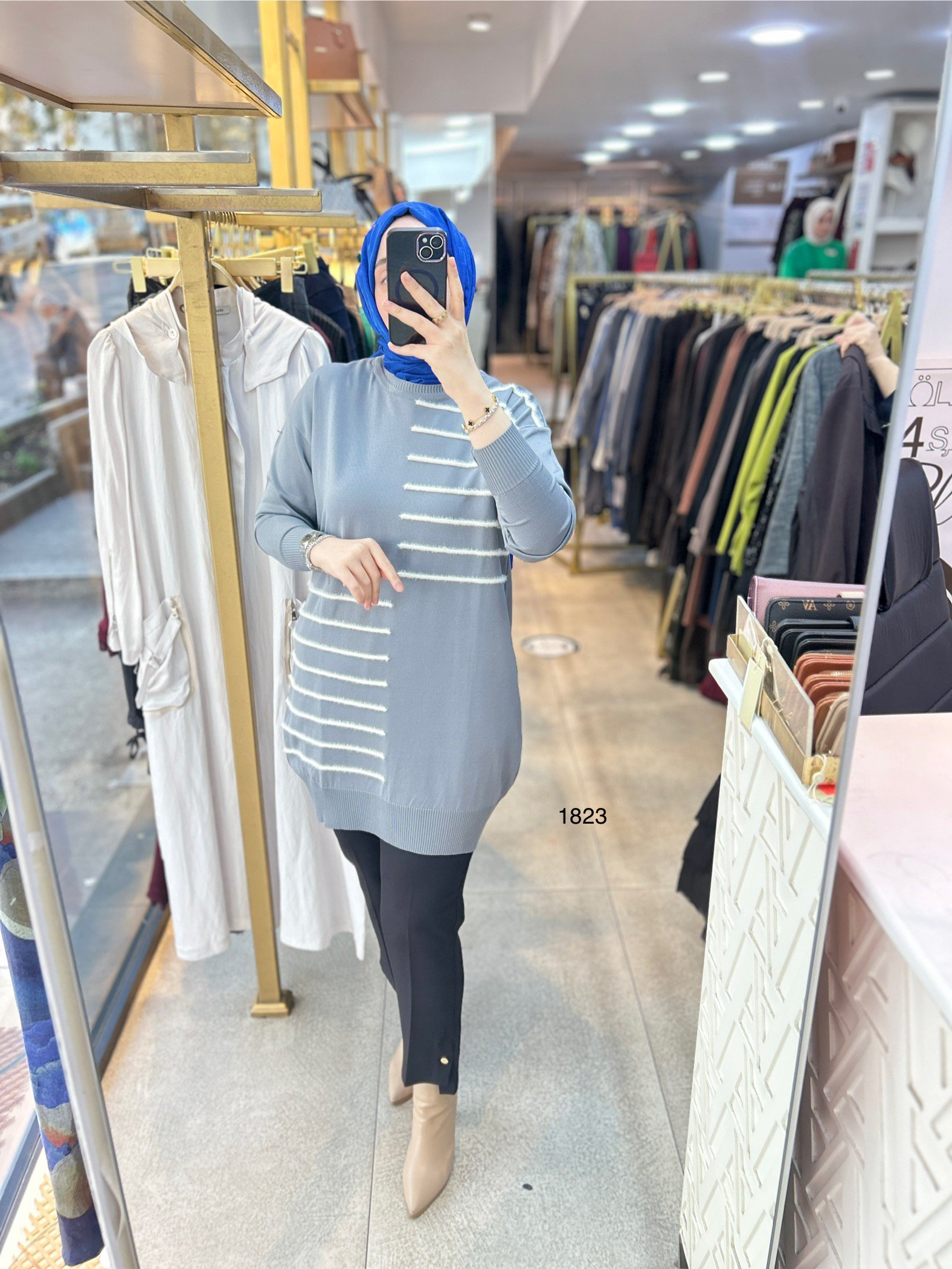 1823 DÜZ ÇİZGİ ÇAPRAZ DETAYLI TRİKO TUNİK - Görsel 11