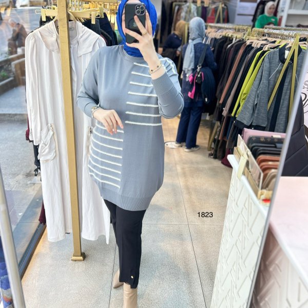 1823 DÜZ ÇİZGİ ÇAPRAZ DETAYLI TRİKO TUNİK - Görsel 6