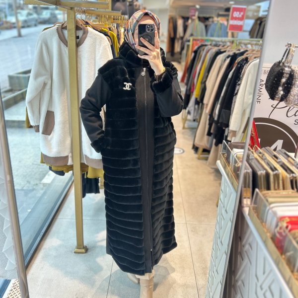 6514 Chanel Broşlu Angora Kaban - Görsel 2