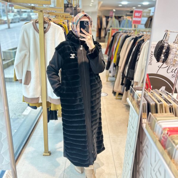 6514 Chanel Broşlu Angora Kaban - Görsel 3