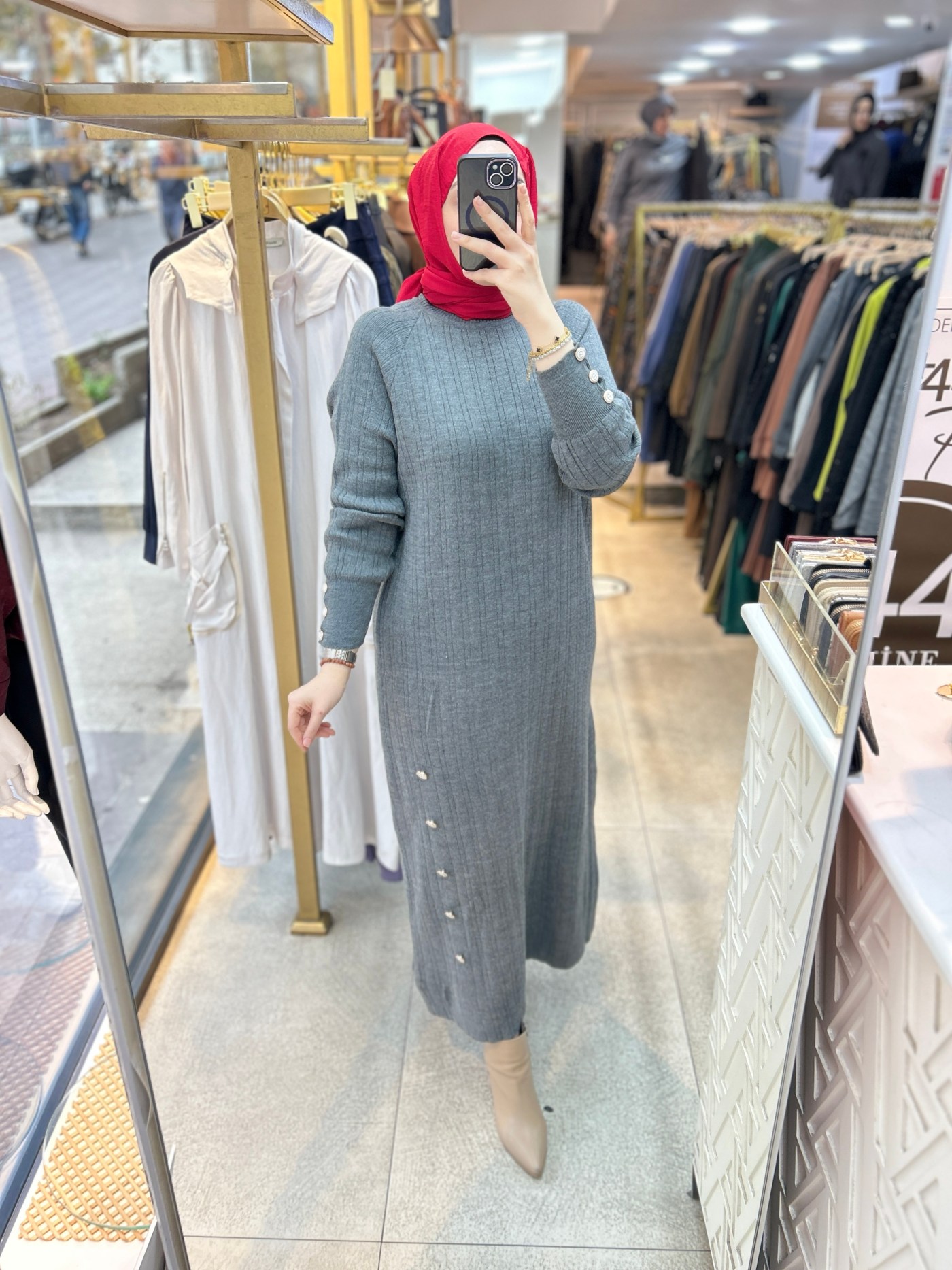 9004 Düğme Detaylı Elbise