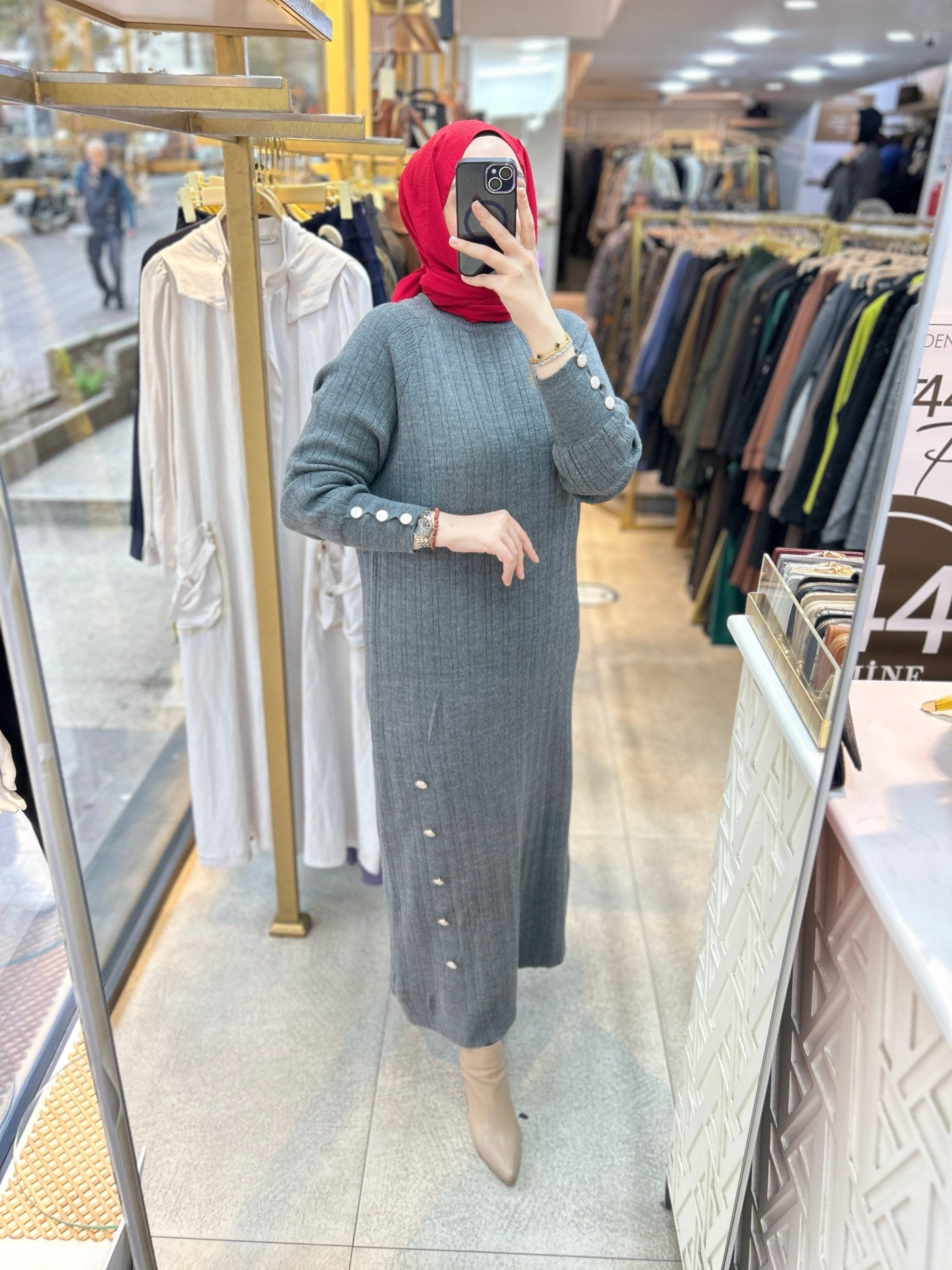 9004 Düğme Detaylı Elbise