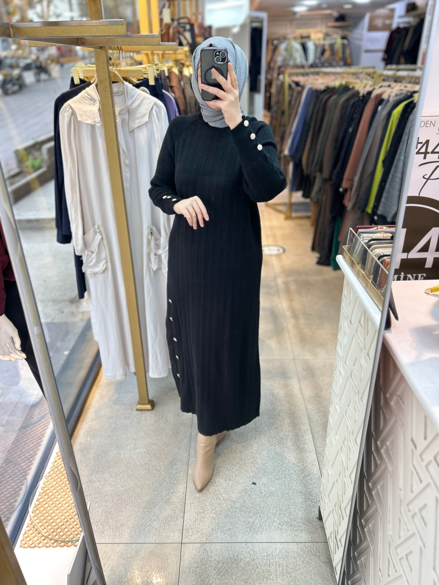 9004 Düğme Detaylı Elbise