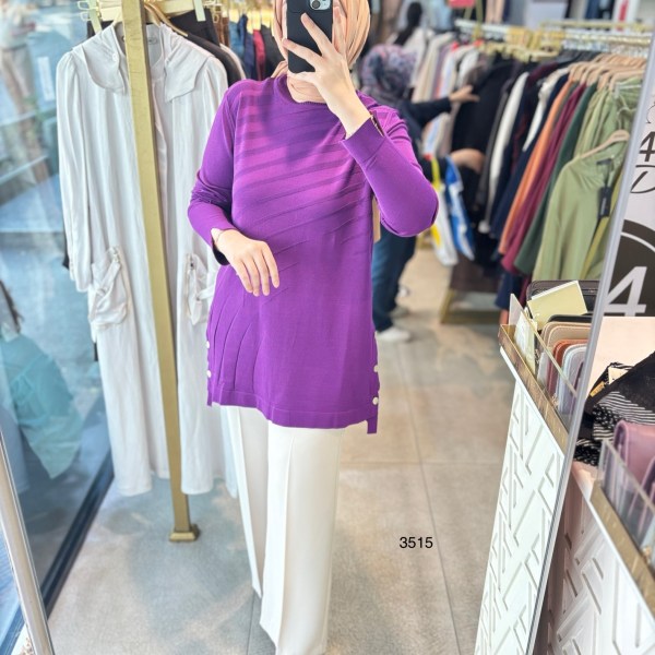 3515 Yanları Düğmeli Çizgi Detaylı Merserize Tunik - Görsel 3