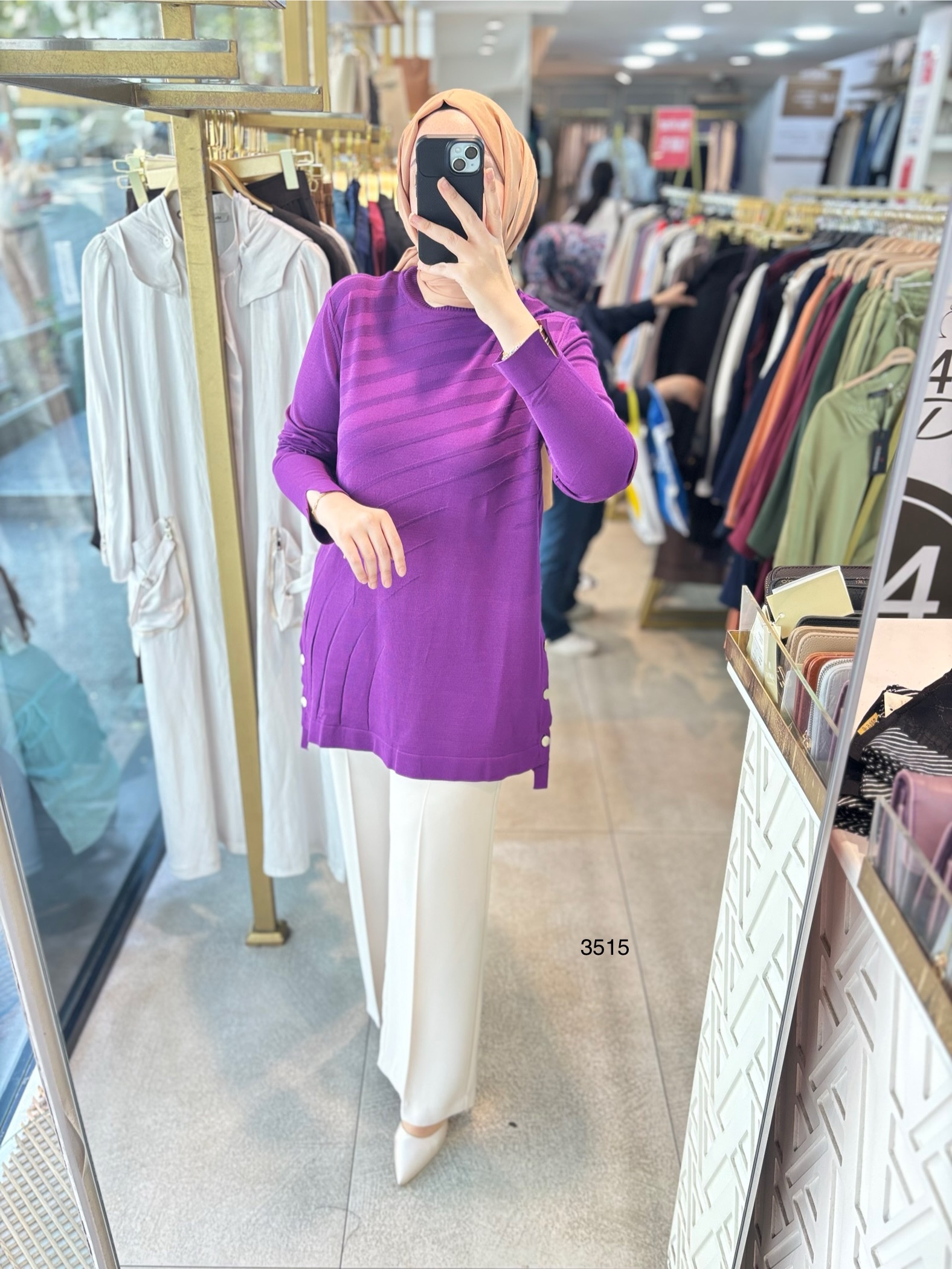 3515 Yanları Düğmeli Çizgi Detaylı Merserize Tunik - Görsel 3