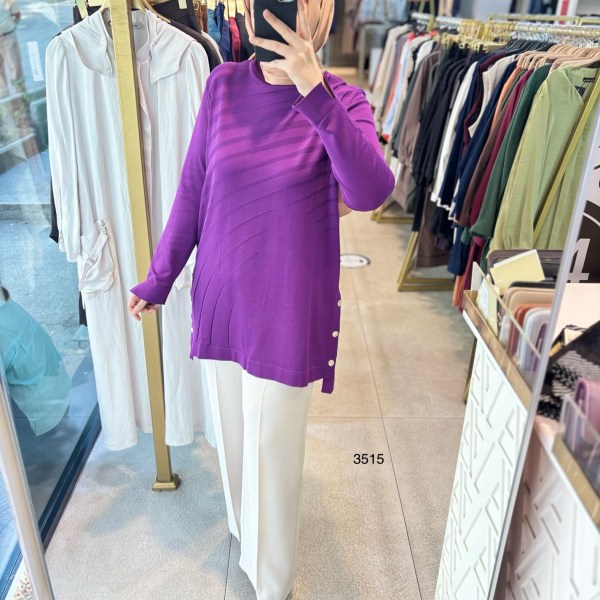 3515 Yanları Düğmeli Çizgi Detaylı Merserize Tunik - Görsel 2