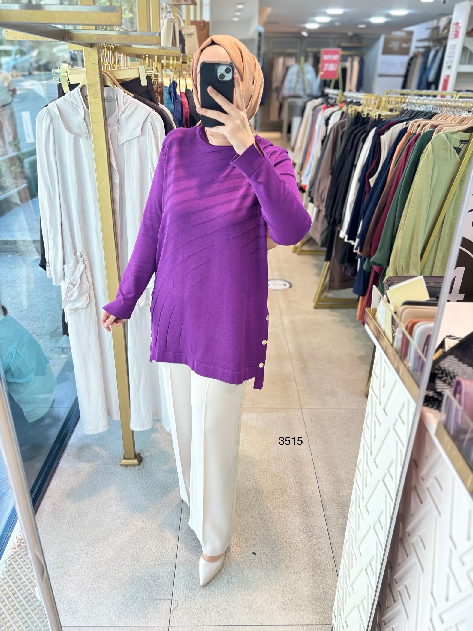 3515 Yanları Düğmeli Çizgi Detaylı Merserize Tunik - Görsel 2