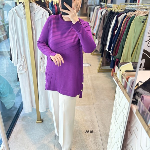 3515 Yanları Düğmeli Çizgi Detaylı Merserize Tunik - Görsel 1