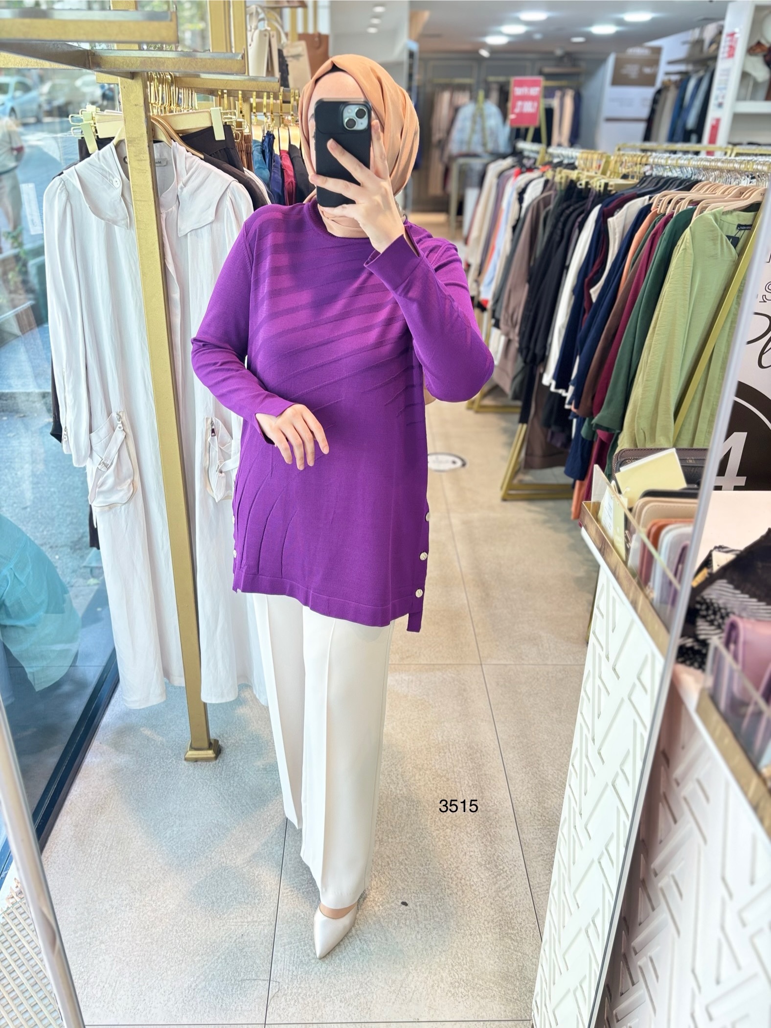 3515 Yanları Düğmeli Çizgi Detaylı Merserize Tunik - Görsel 1