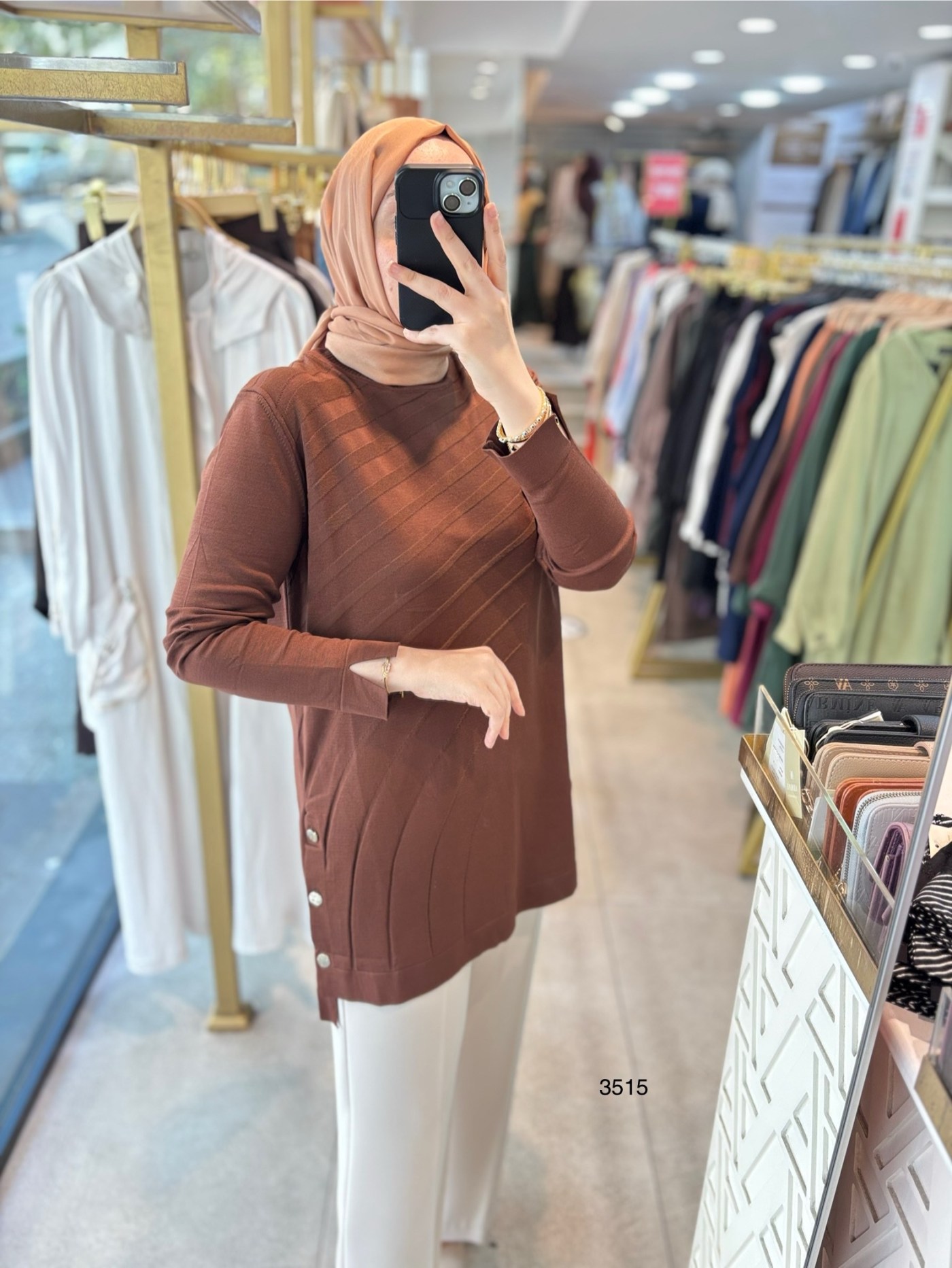 3515 Yanları Düğmeli Çizgi Detaylı Merserize Tunik