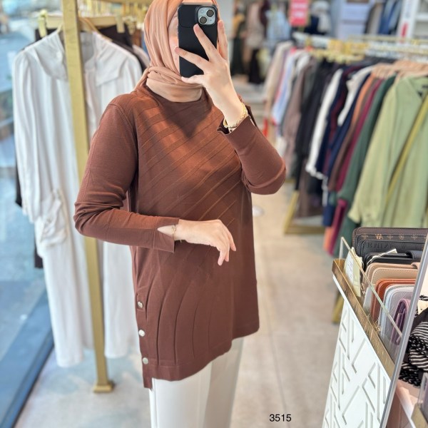 3515 Yanları Düğmeli Çizgi Detaylı Merserize Tunik - Görsel 5