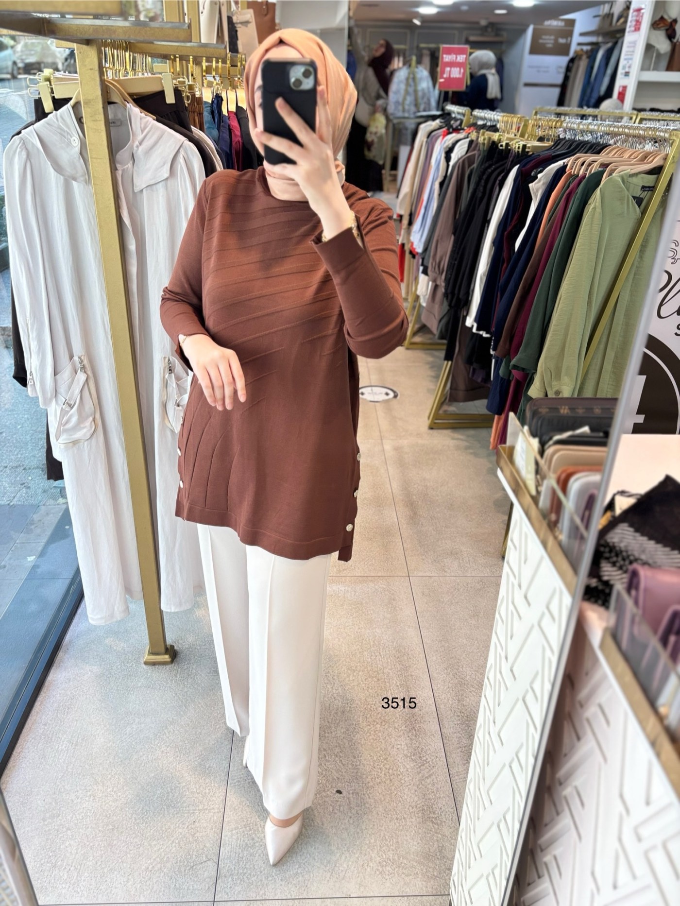 3515 Yanları Düğmeli Çizgi Detaylı Merserize Tunik