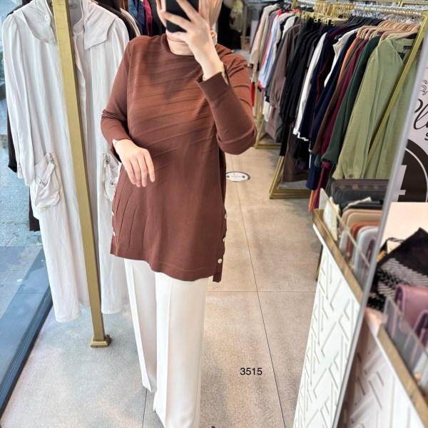 3515 Yanları Düğmeli Çizgi Detaylı Merserize Tunik - Görsel 6