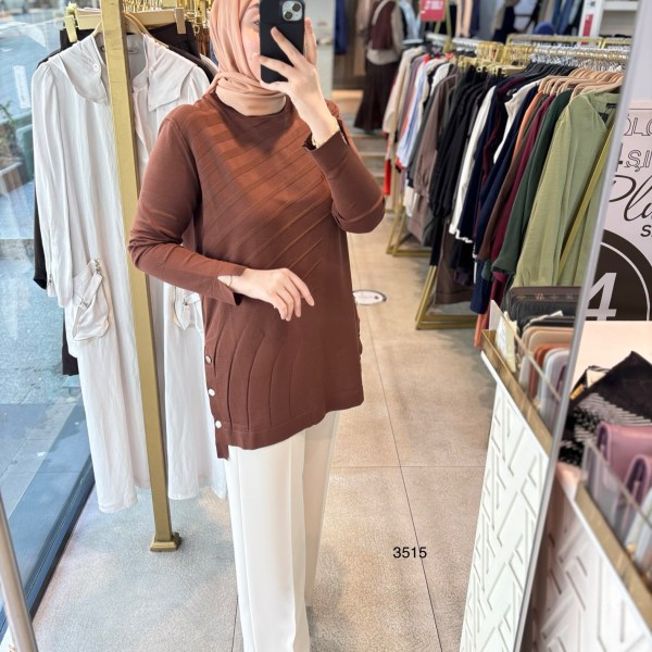 3515 Yanları Düğmeli Çizgi Detaylı Merserize Tunik - Görsel 7