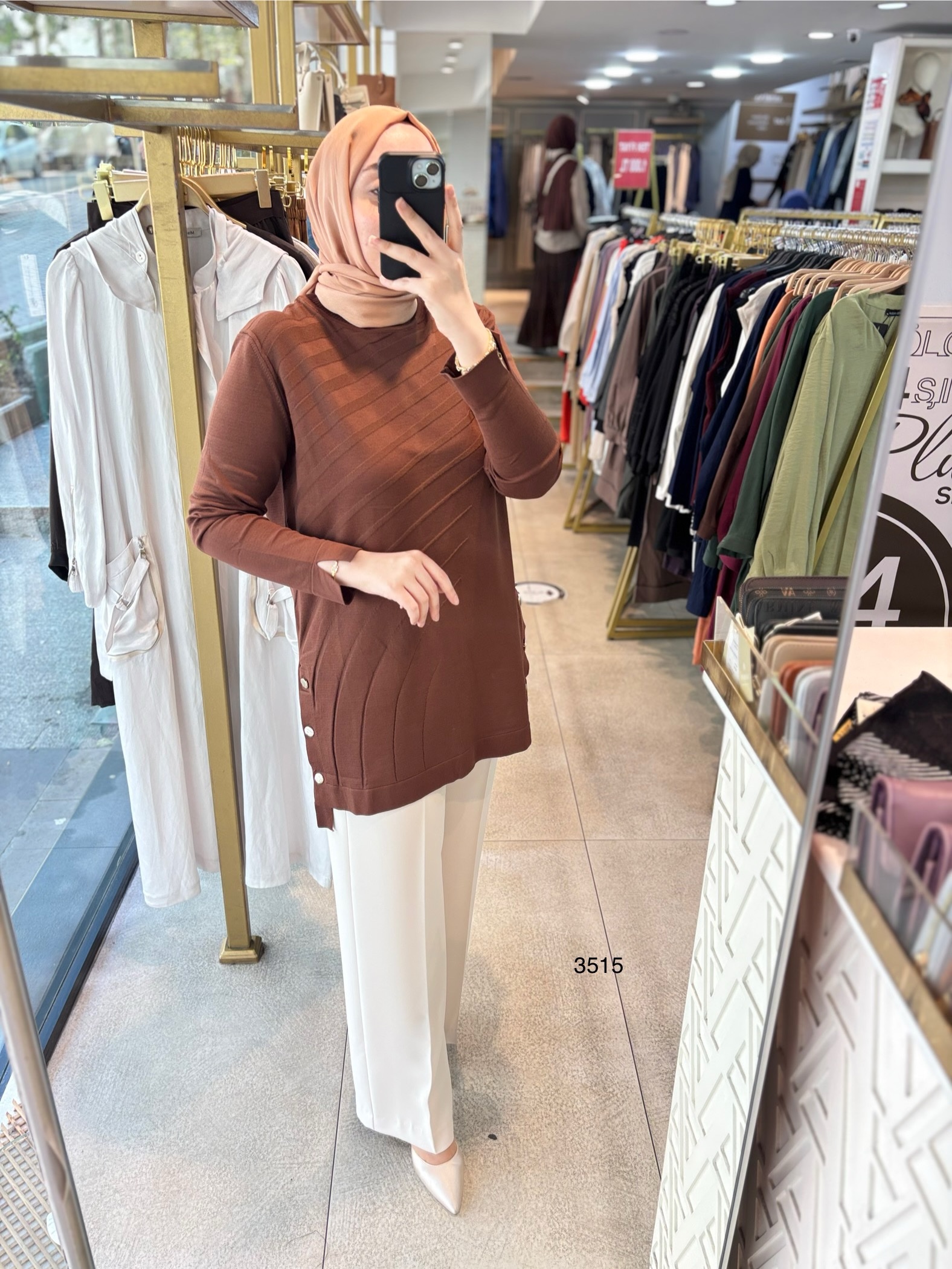 3515 Yanları Düğmeli Çizgi Detaylı Merserize Tunik - Görsel 4