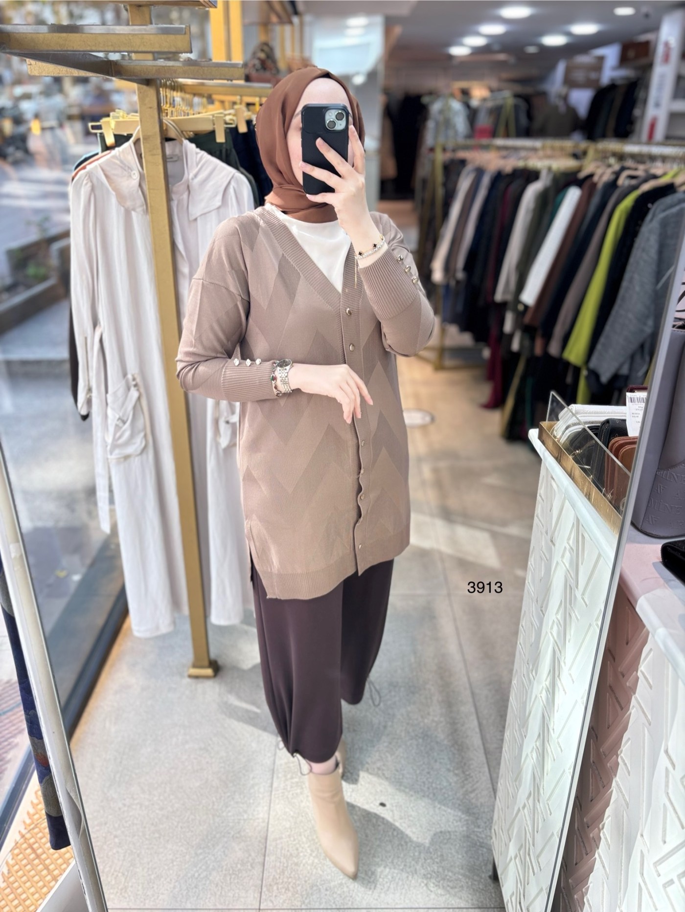 3913 V Desenli Merserize Tunik