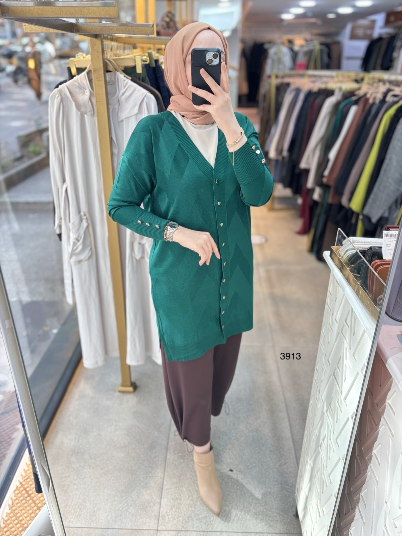 3913 V Desenli Merserize Tunik