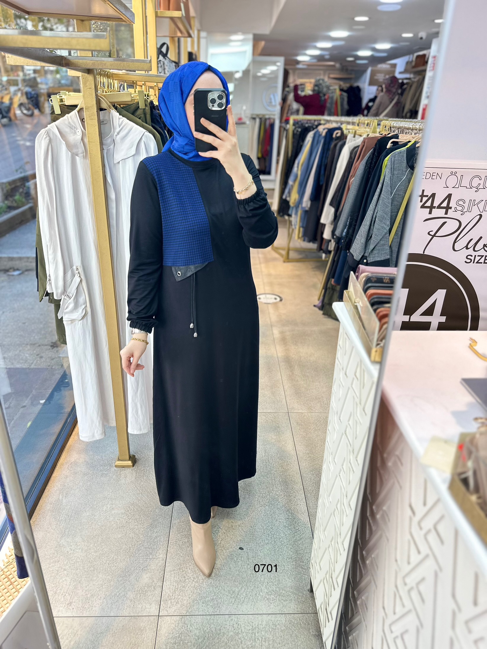 0701 Ekose Detaylı Elbise - Görsel 1