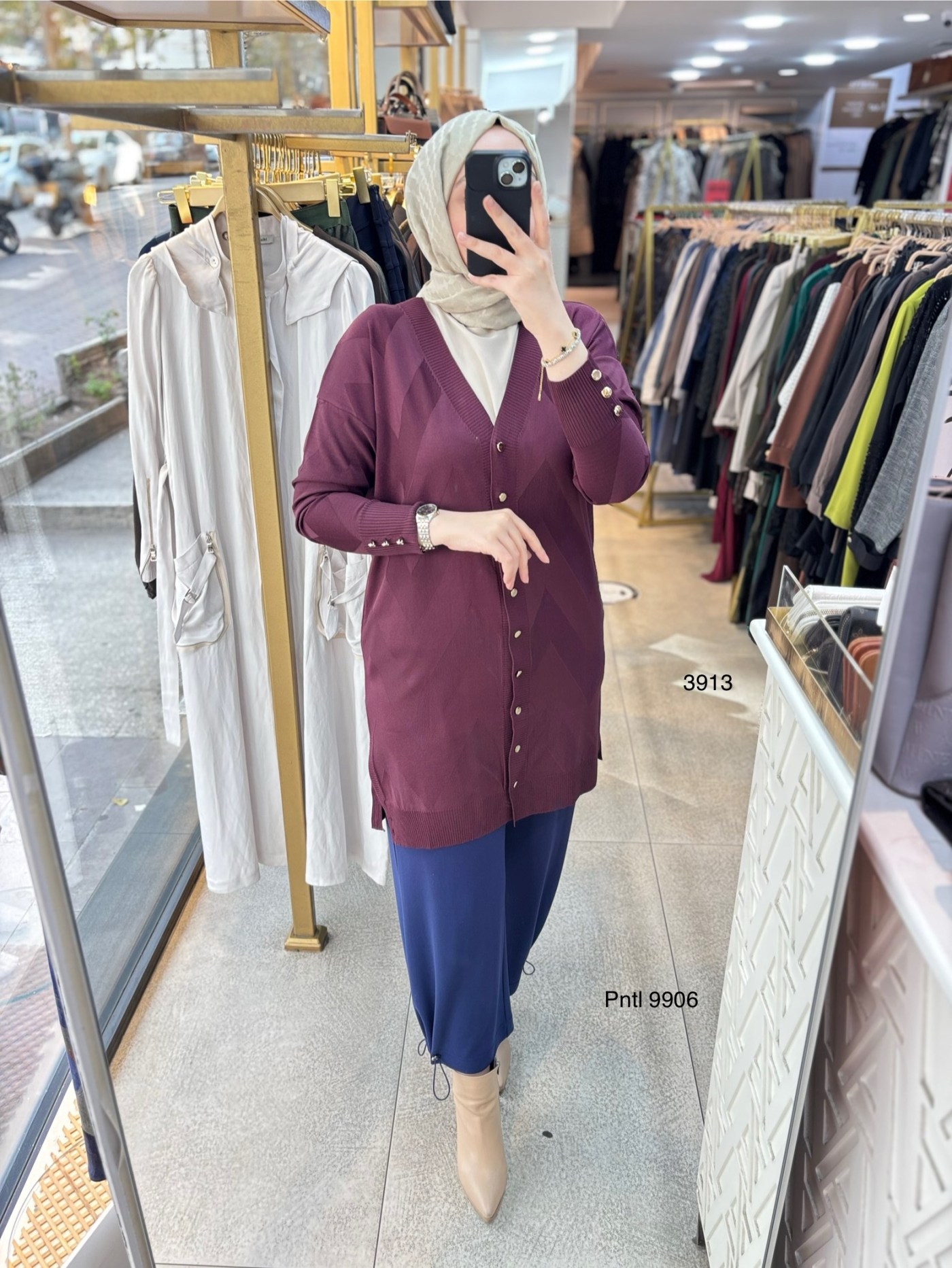 3913 V Desenli Merserize Tunik